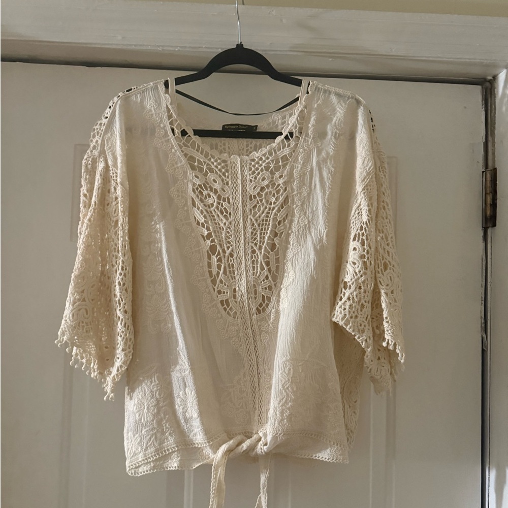 Cream Embellished Tie Front Blouse with 3/4 Sleeves - Picture 7 of 10